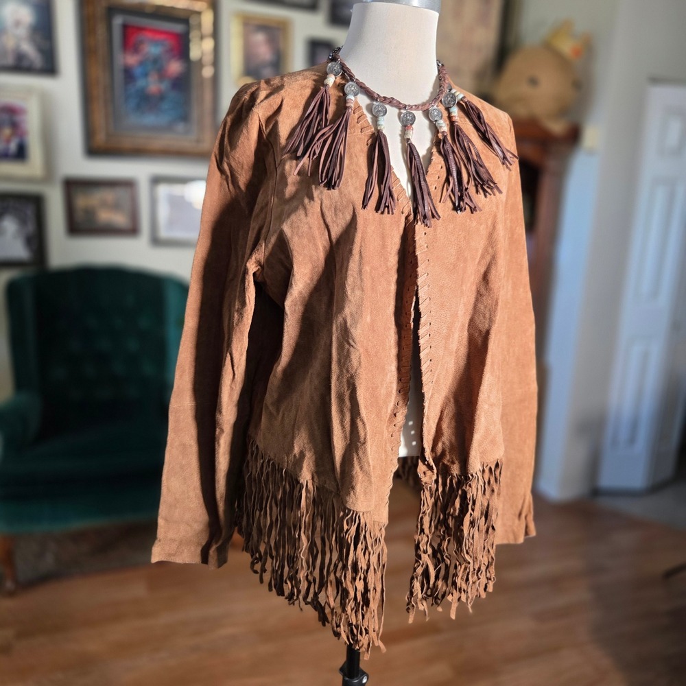 Forever 21 Plus‎ Brown Pigskin Leather Fringe Jacket Western Open Front Womens
